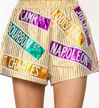 Queen of Sparkles Metallic Gold Stripe NOLA Street Signs Short