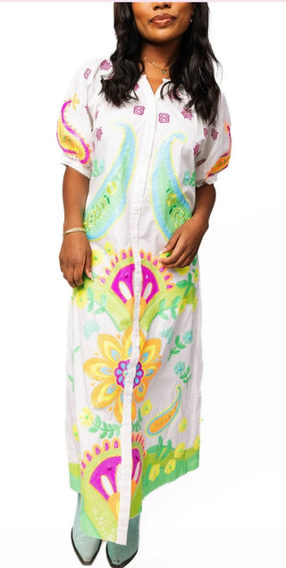 Queen Of Sparkles White and Neon Paisley Print Button Up Cotton Midi Dress