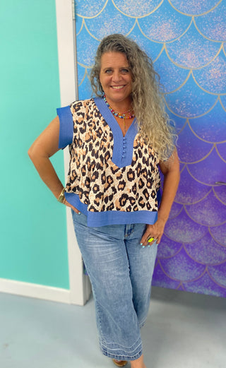 THML CHEETAH AND DENIM S/S TOP