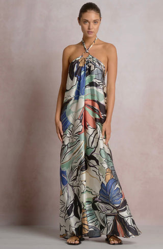Elan Blue Botanical Halter Maxi Dress