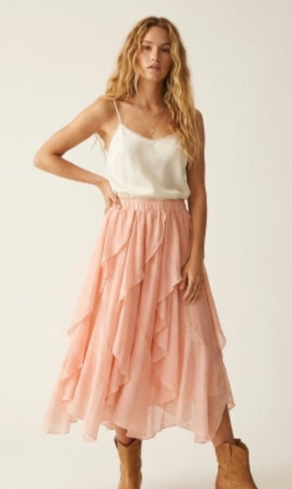 Q2 Pink Ruffle Asymmetrical Midi Skirt
