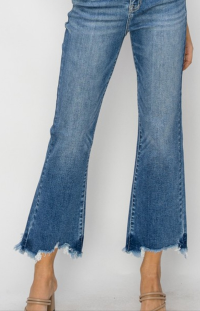 Risen High Rise Crop Flare Fray Hem Jean