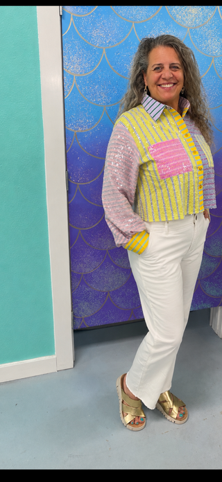 Queen of Sparkles Multi Sequin Colorblock Stripe Button Up