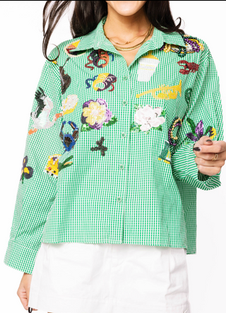 Queen of Sparkles Green and White Gingham Mardi Gras Icons Button Up Top
