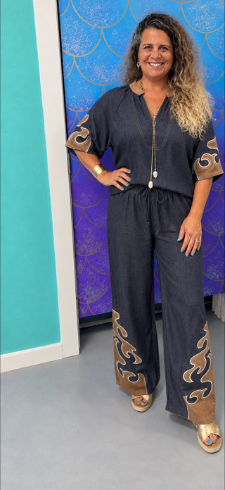 THML Wide Leg Pants W/ Suede Embroidery Detail