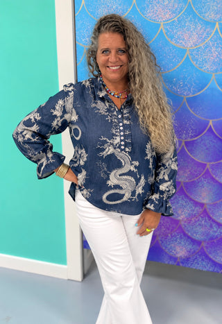 Dizzy Lizzie Champlain Top Denim Dragon