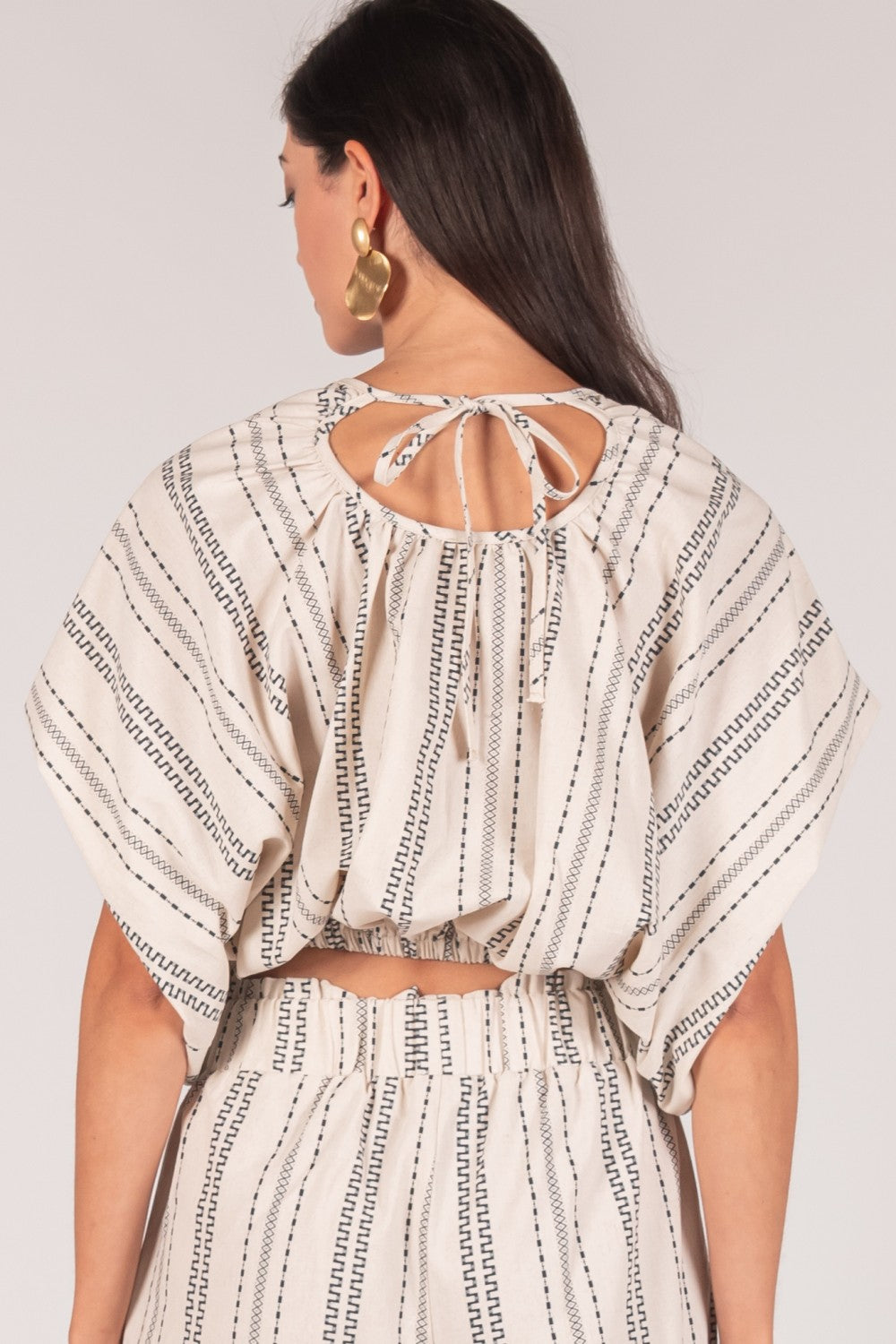 Taupe/Navy Printed Linen Billowy Top