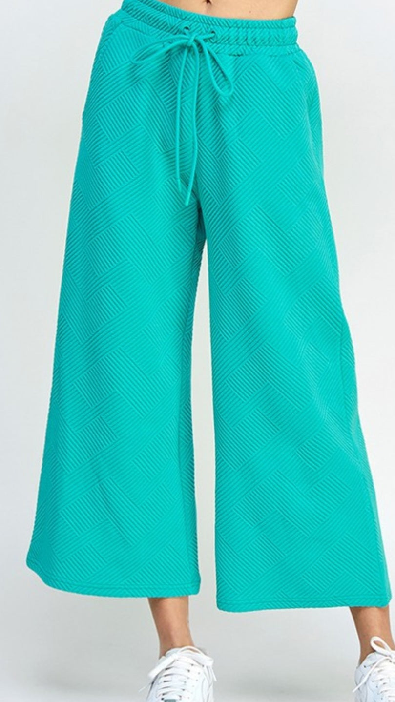 Turquoise Textured Cropped Wide Pant