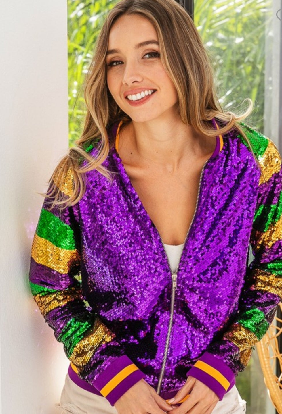 Mardi Gras Sequin Color Block Bomber