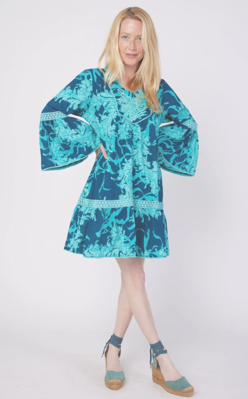 Ilaria Dress Turquoise and Navy Print