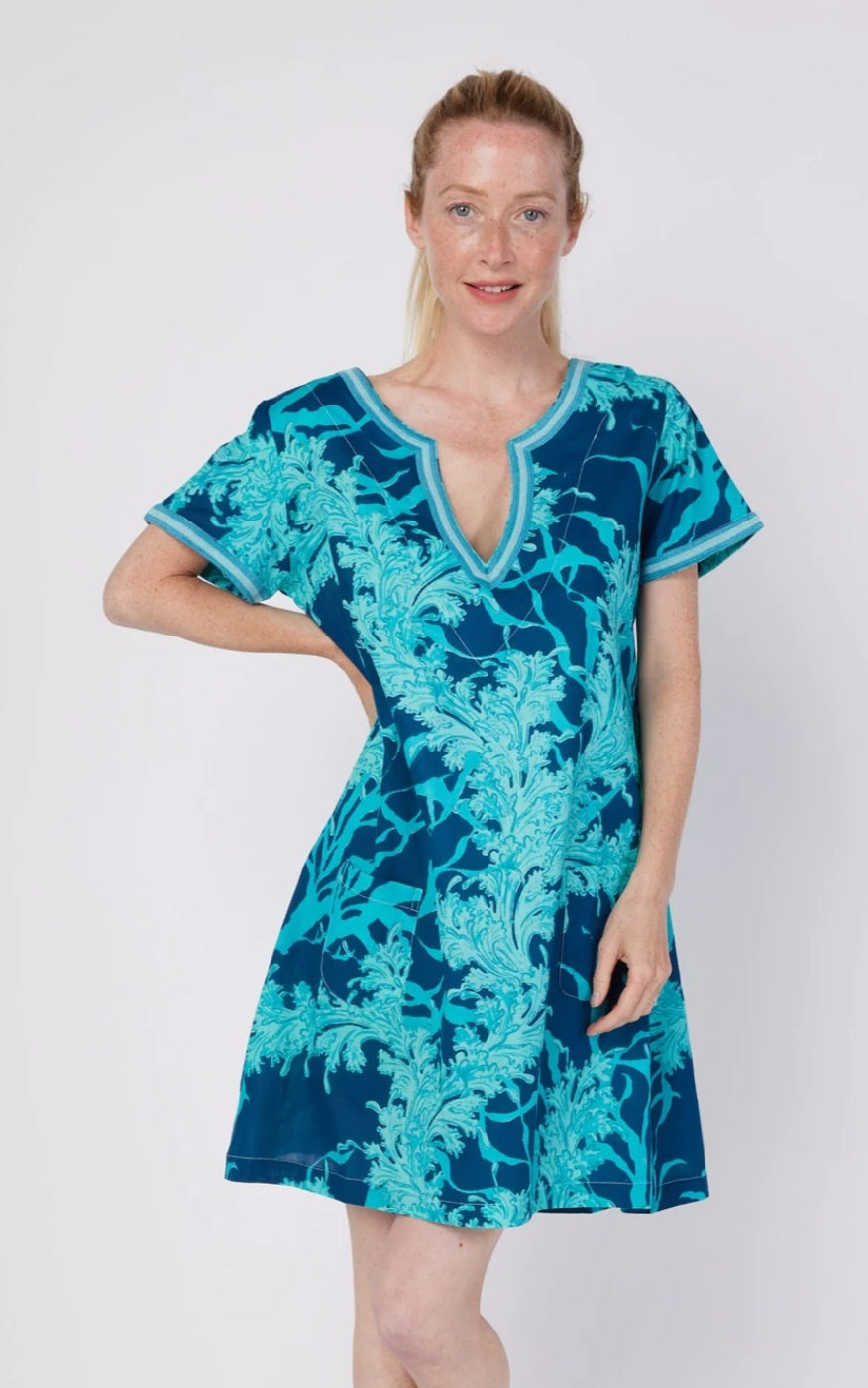 Giovanna Dress Turquoise and Navy Print