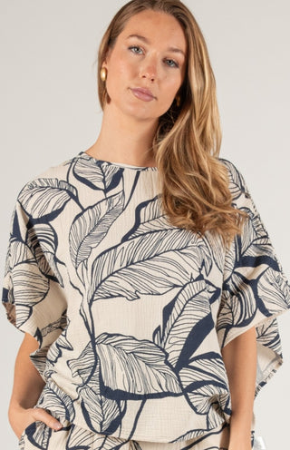 Navy Leaf Print Gauze Poncho Top