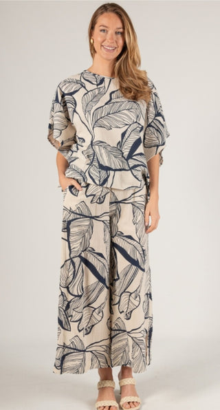 Navy Leaf Print Gauze Wide Leg Pant