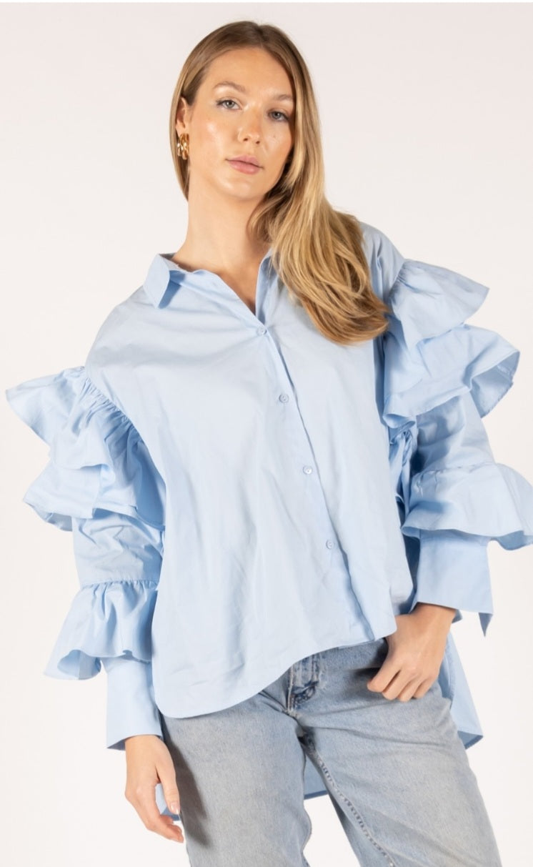 Powder Blue Poplin Flutter Detail Button Up Shirt