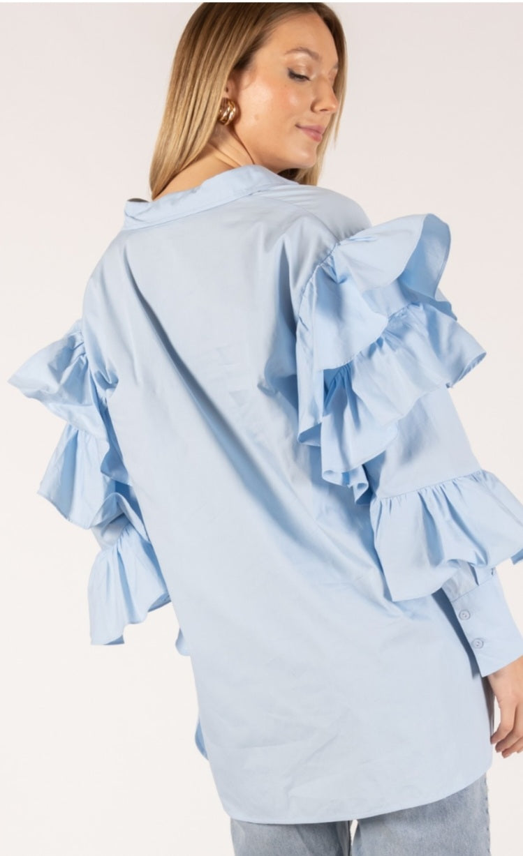 Powder Blue Poplin Flutter Detail Button Up Shirt