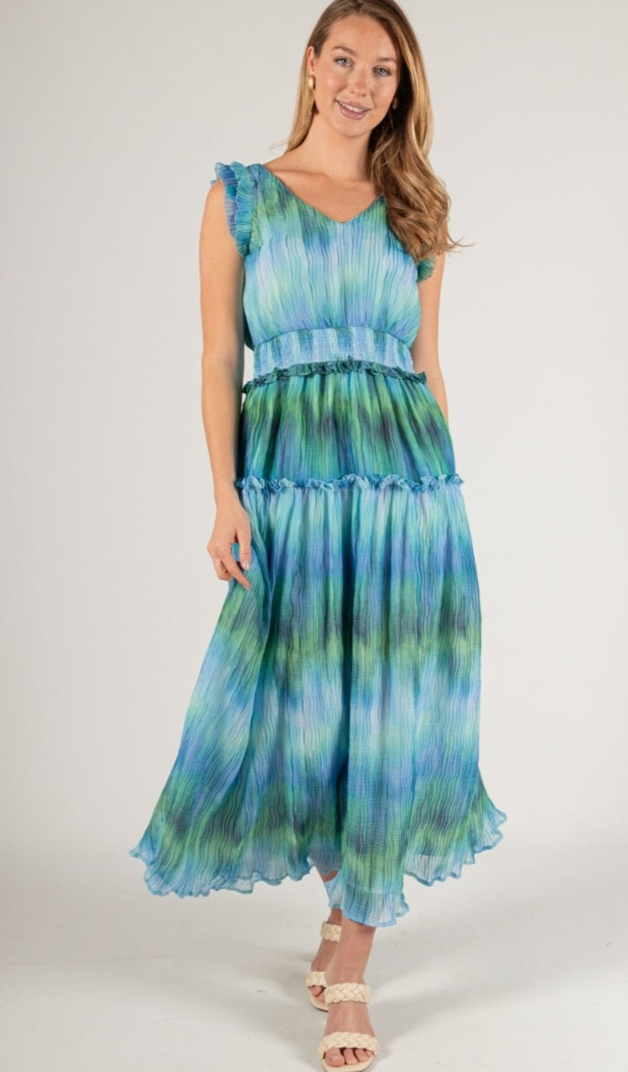 Watercolor Print Pleated Chiffon Maxi Dress