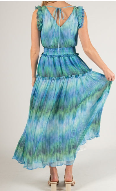 Watercolor Print Pleated Chiffon Maxi Dress