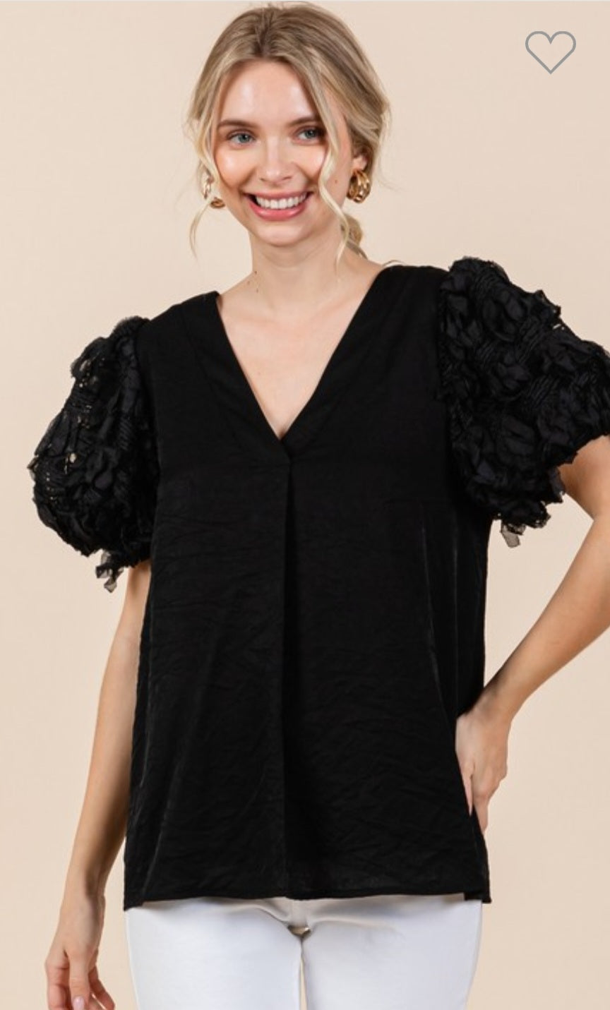 Black Bubble Sleeve Organza Top