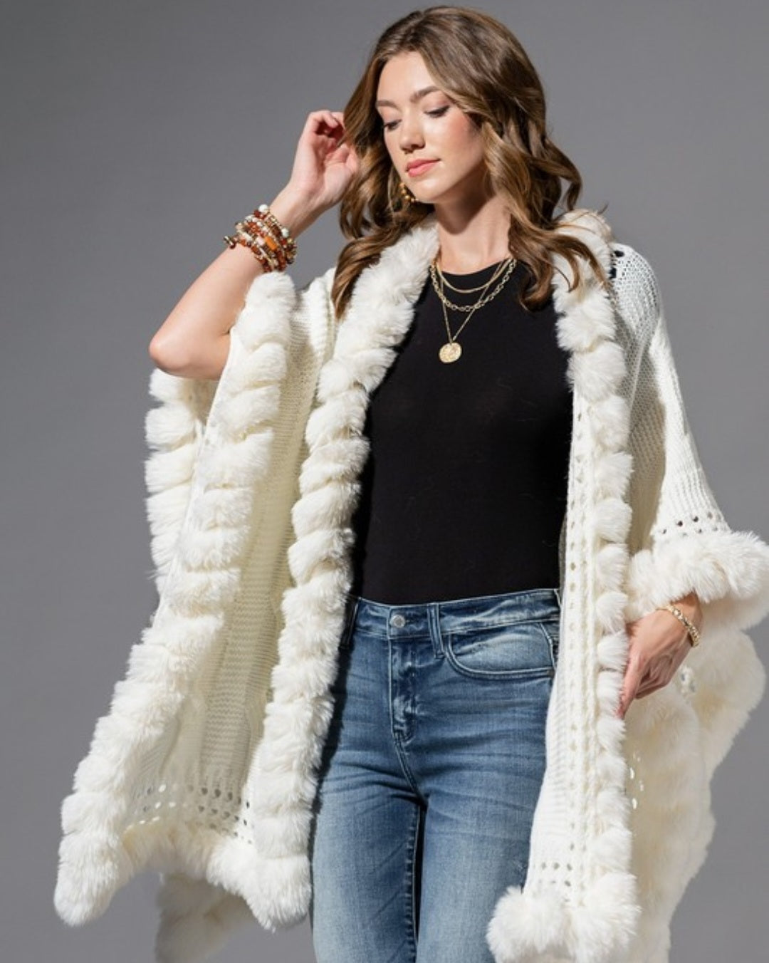 Ivory Cape with Faux Fur Trim