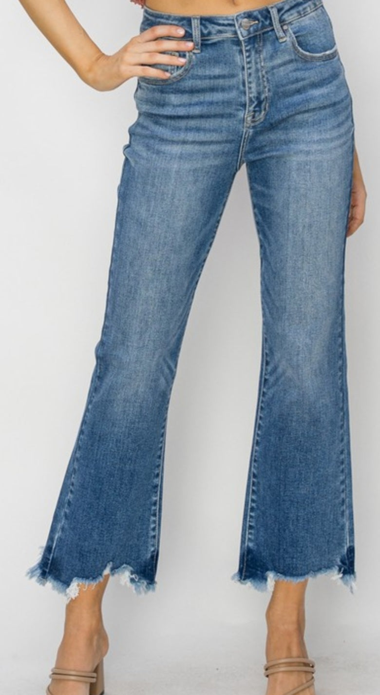 Risen High Rise Crop Flare Fray Hem Jean