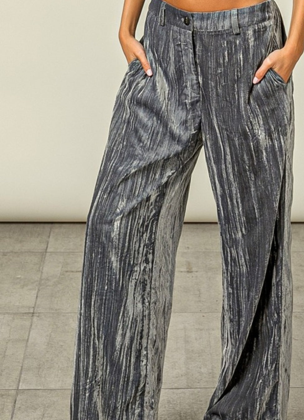 Gray Crushed Velvet Pleated Pant