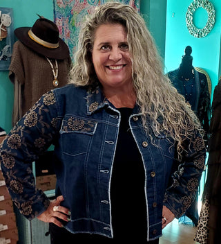 Denim Jacket with Brown Embroidery