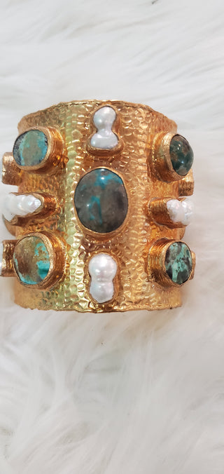Gold Cuff with Pearl and Turquoi