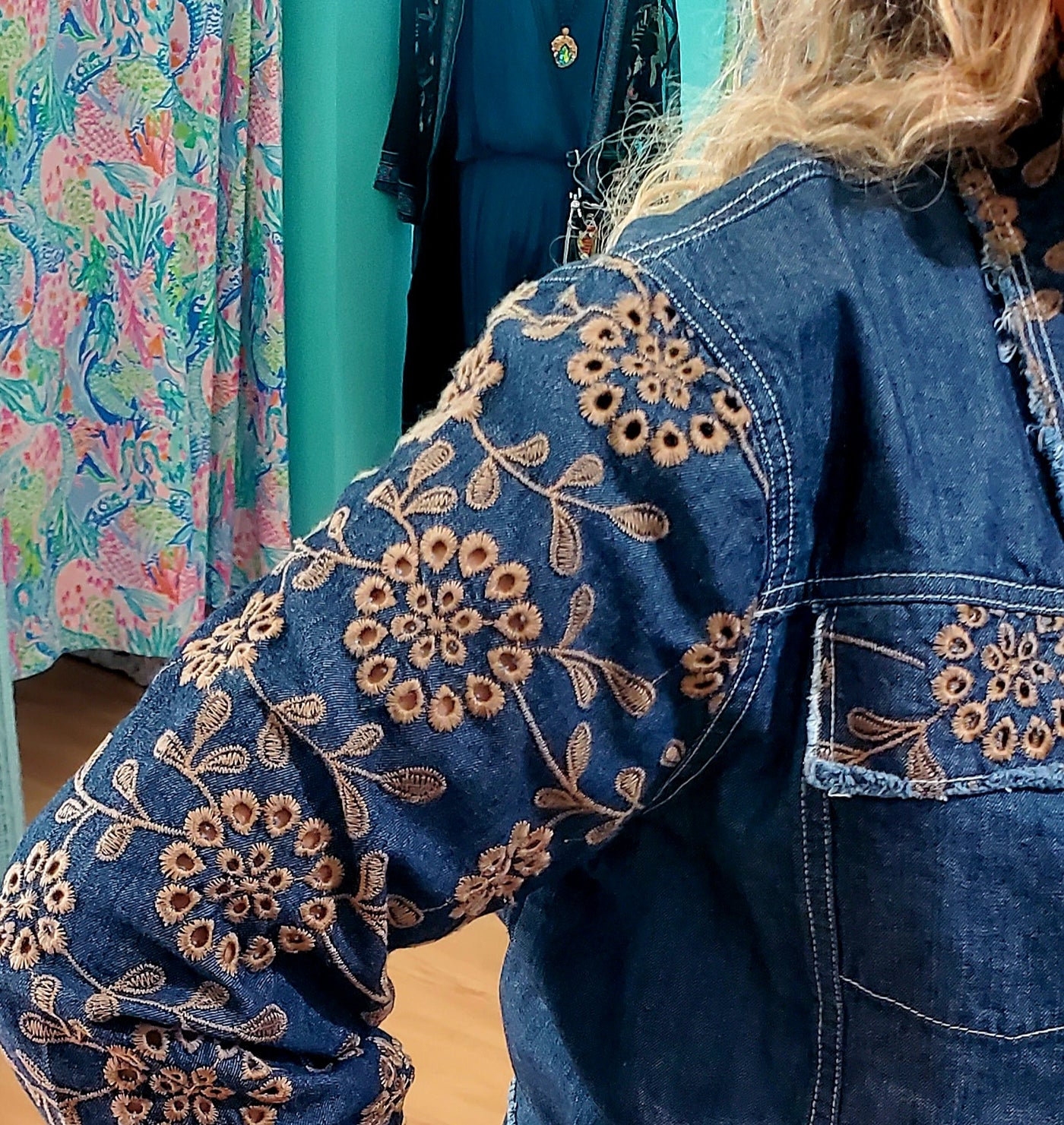 Denim Jacket with Brown Embroidery