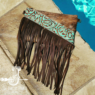Hair on Hide Clutch Handbag With Fringe and Cowboy Accent