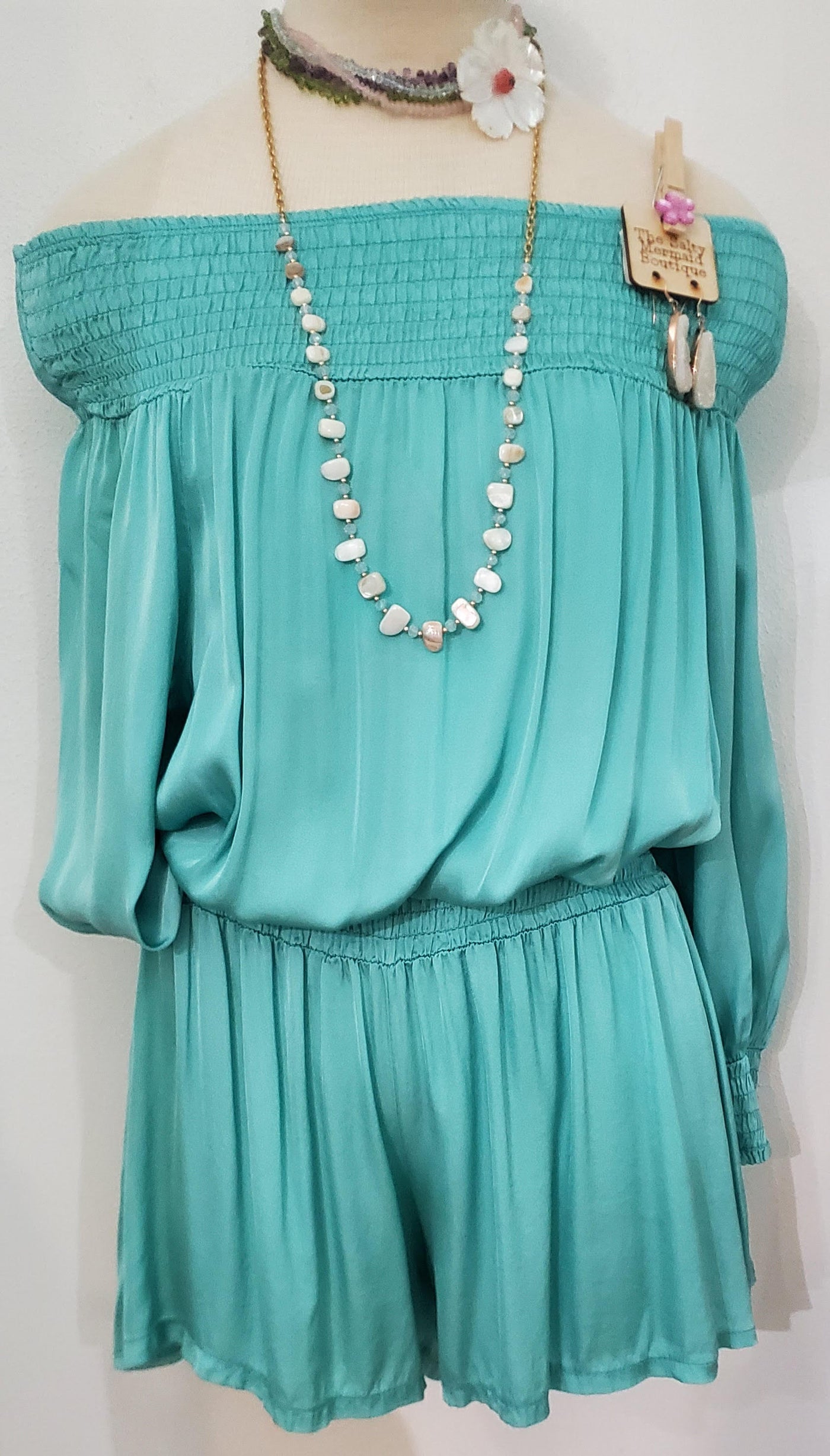 Turquoise Shorts Romper with 3/4 Sleeve