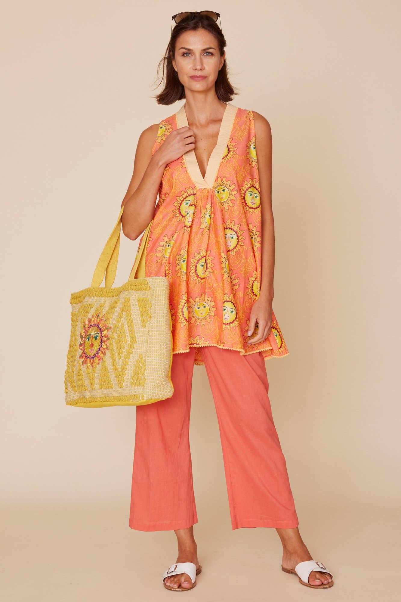 Ines Printed Cover Up Pom Pom Tunic Dress in Coral Sole